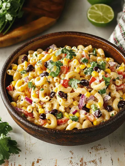 A bowl of pasta with tomatoes, corn, and olives.