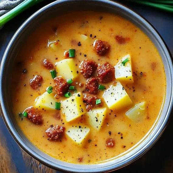 A bowl of soup with meat and potatoes.