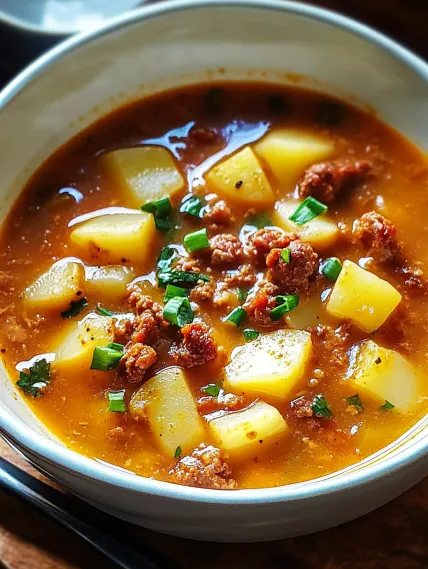 A bowl of soup with meat and potatoes.