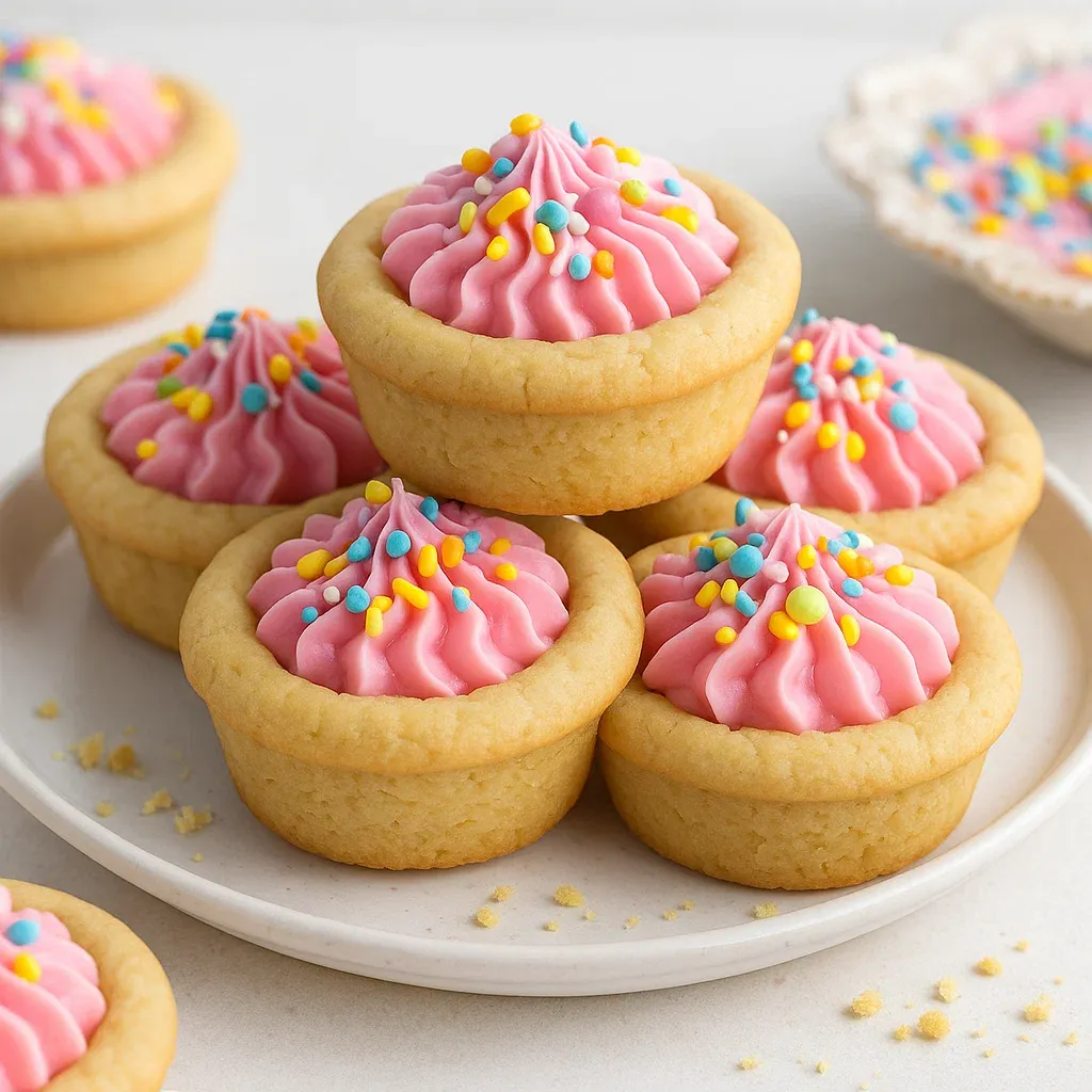 A plate of pink and white cookies.