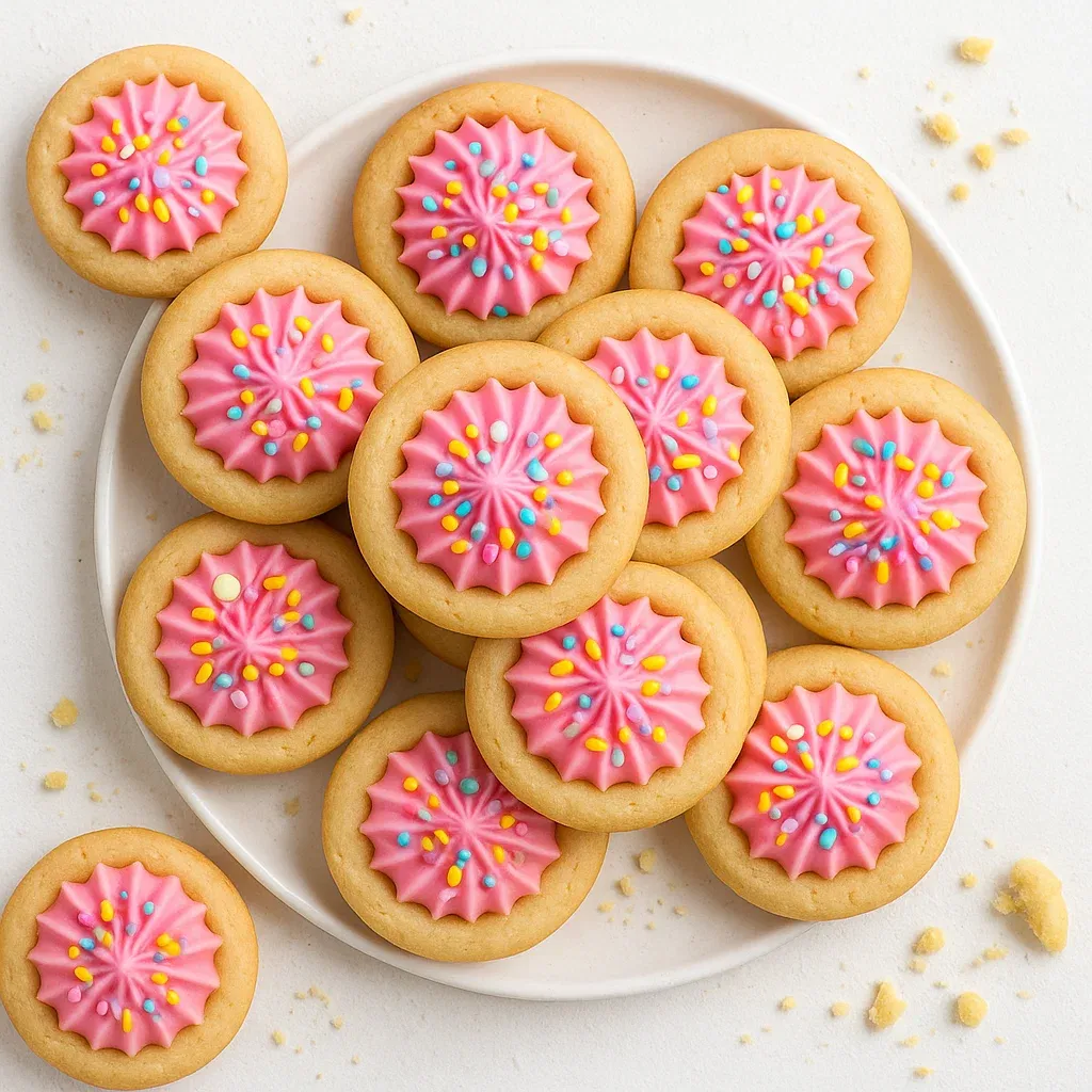 A plate of pink and yellow cookies.