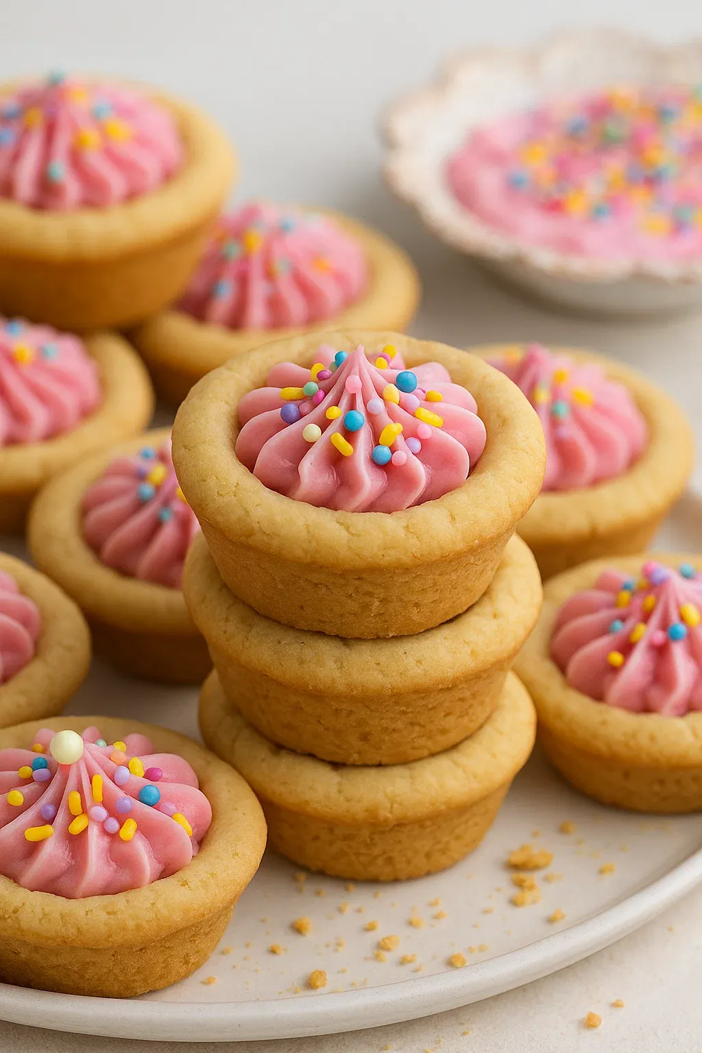 A stack of pink cookies with white frosting and sprinkles.