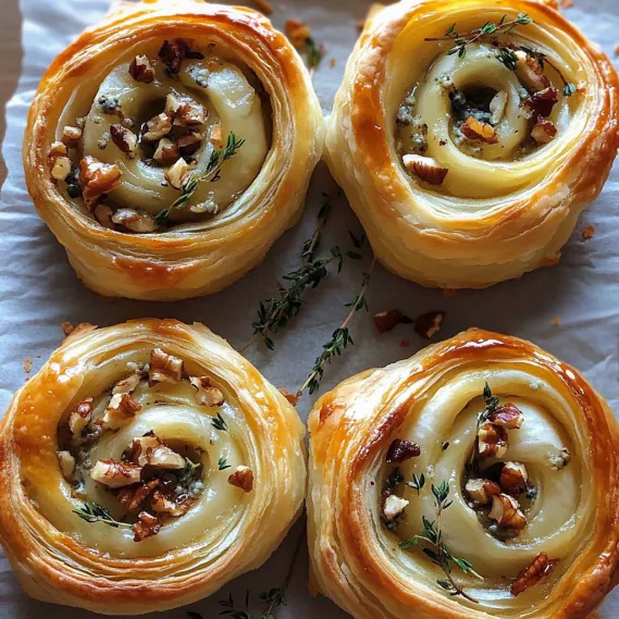 Four pastries with nuts and herbs on a table.