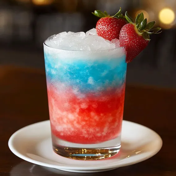 A glass of red, white and blue drink.