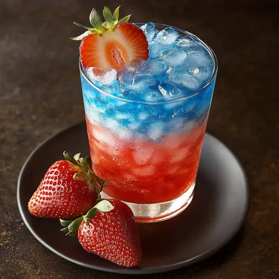 A glass of red, white and blue drink with strawberries on the side.