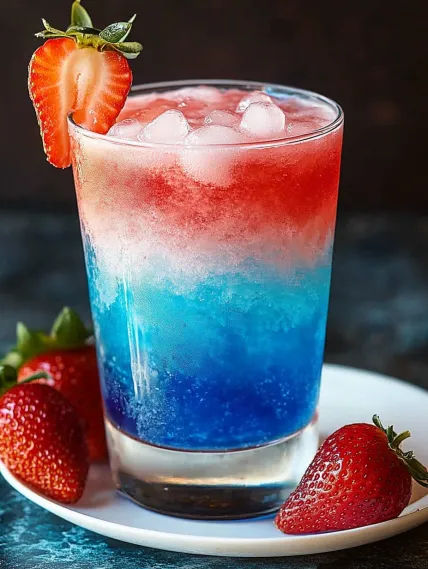 A glass of blue, white and red drink with strawberries on the side.