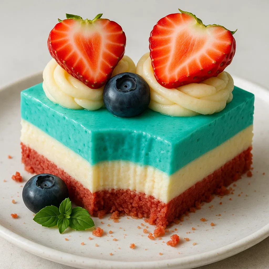 A slice of cake with strawberries and blueberries on top.