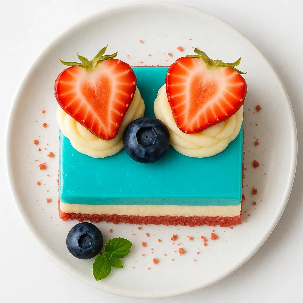 A slice of blueberry cheesecake with strawberries on top.