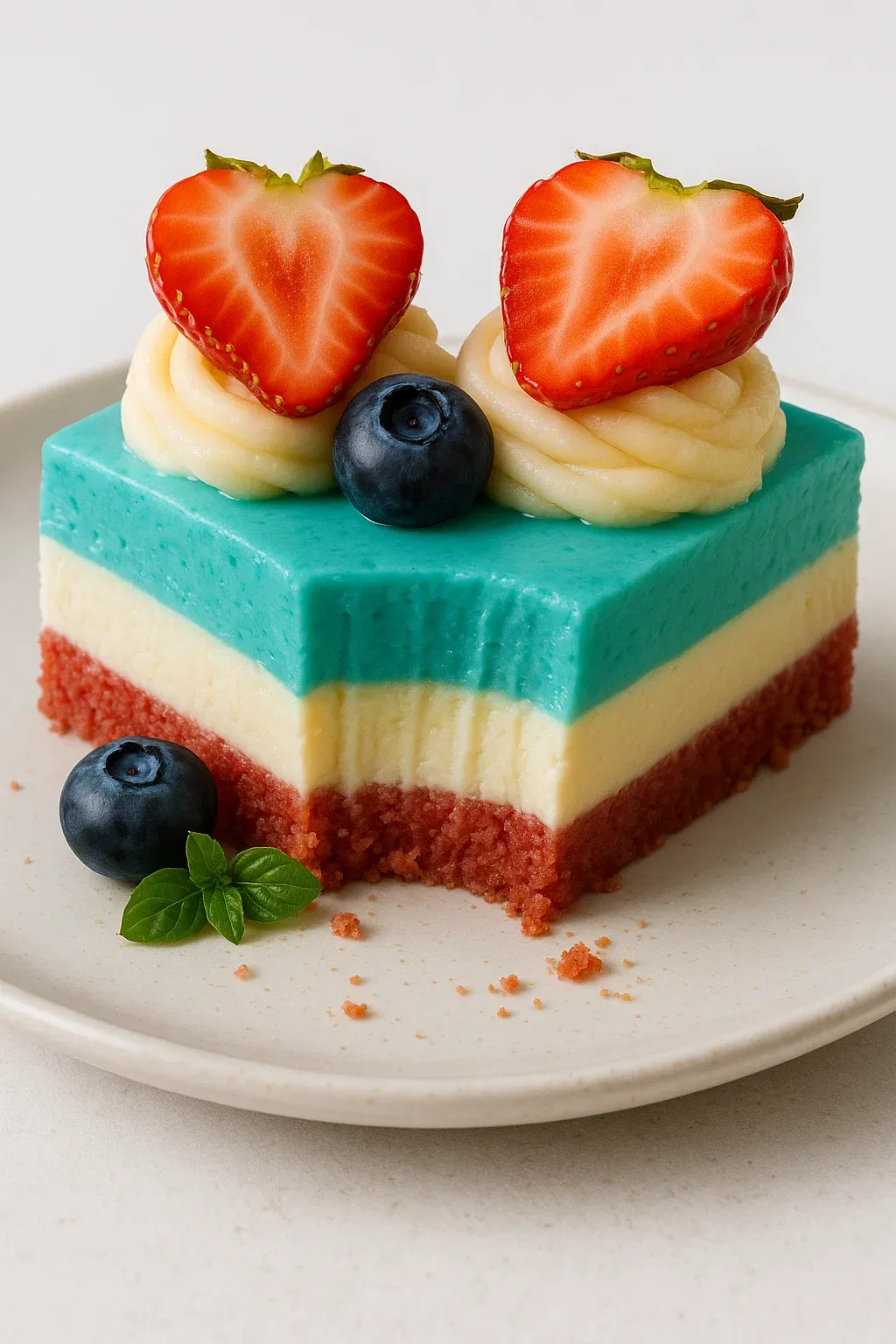 A slice of cake with strawberries and blueberries on top.