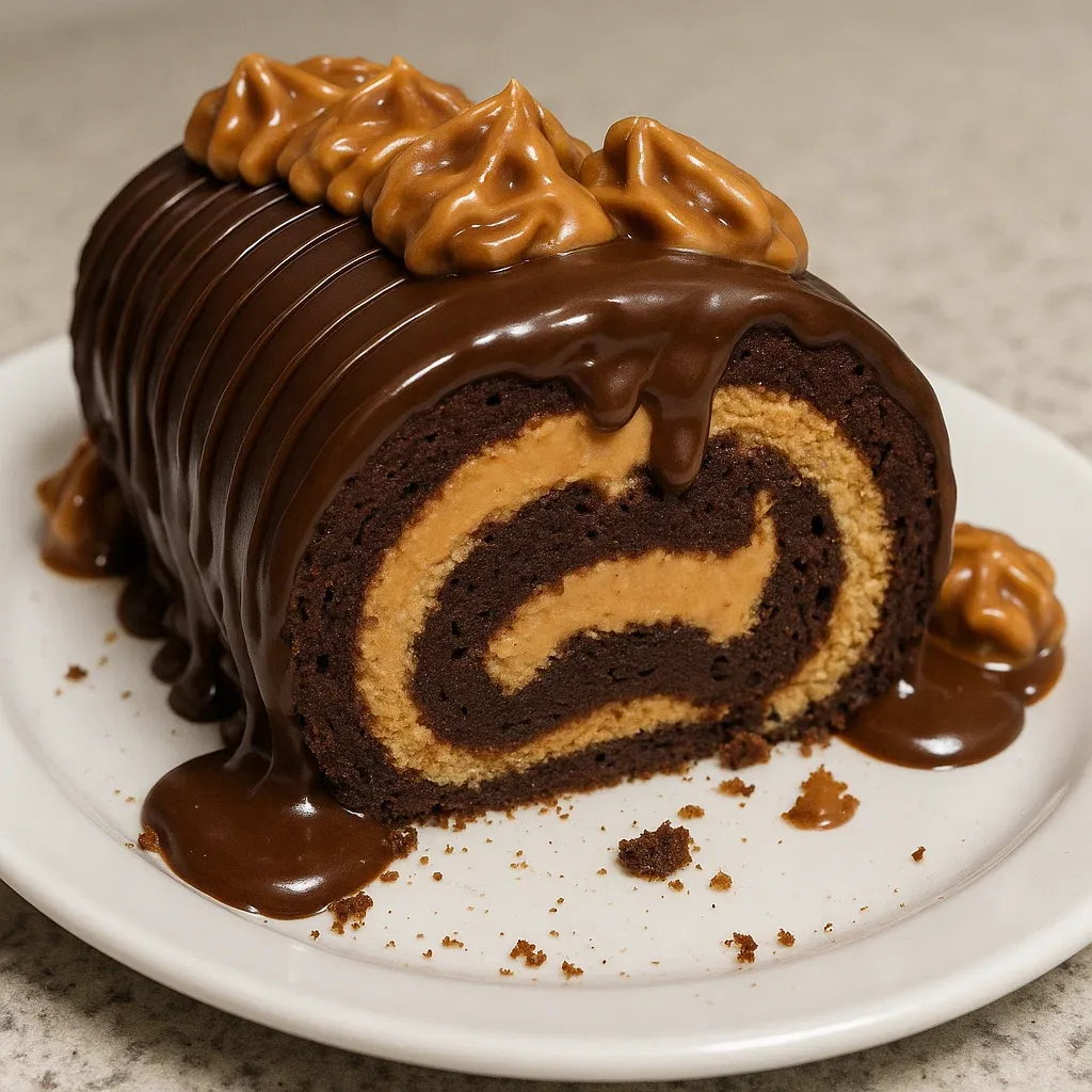 A chocolate cake with peanut butter and caramel toppings.
