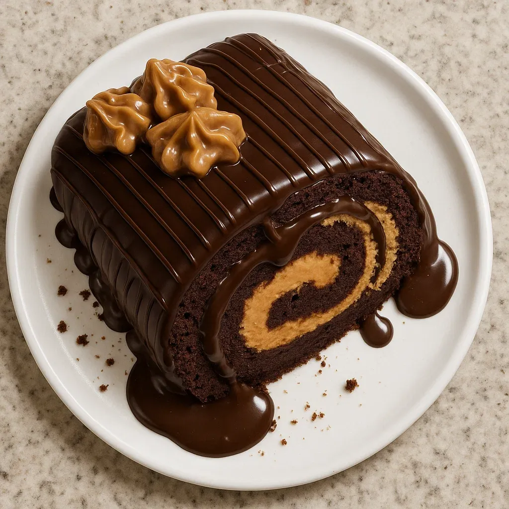 A chocolate cake with caramel drizzle.