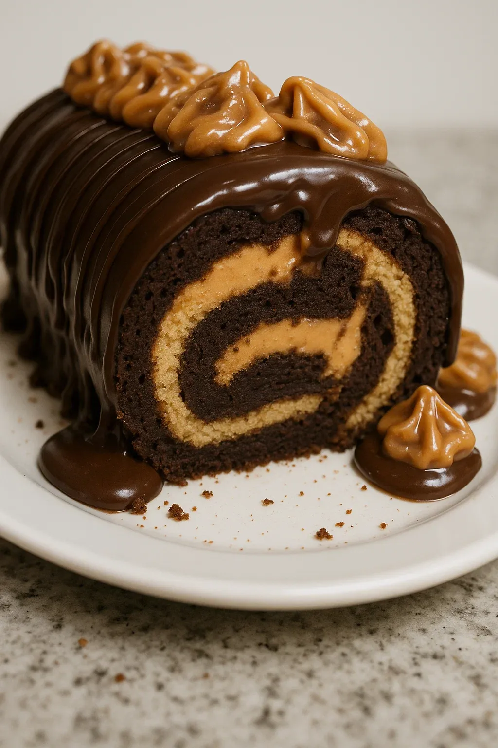 A chocolate cake with peanut butter and chocolate drizzled on top.