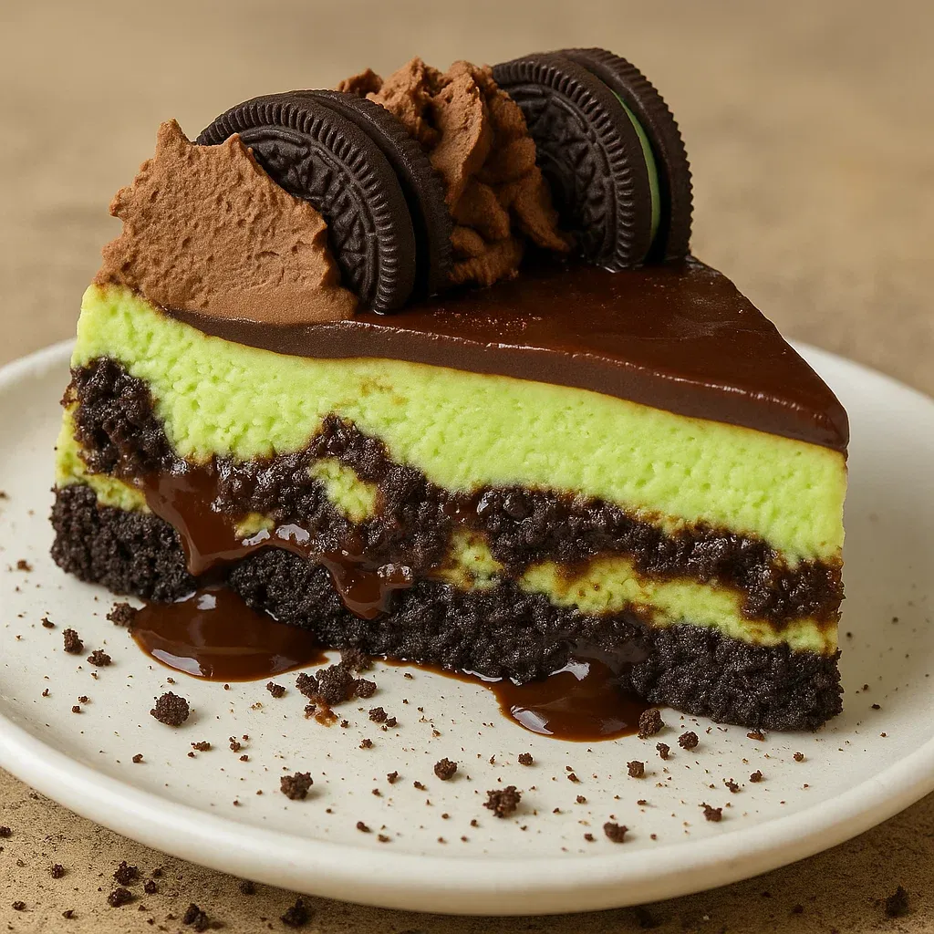 A slice of chocolate cake with a cookie on top.
