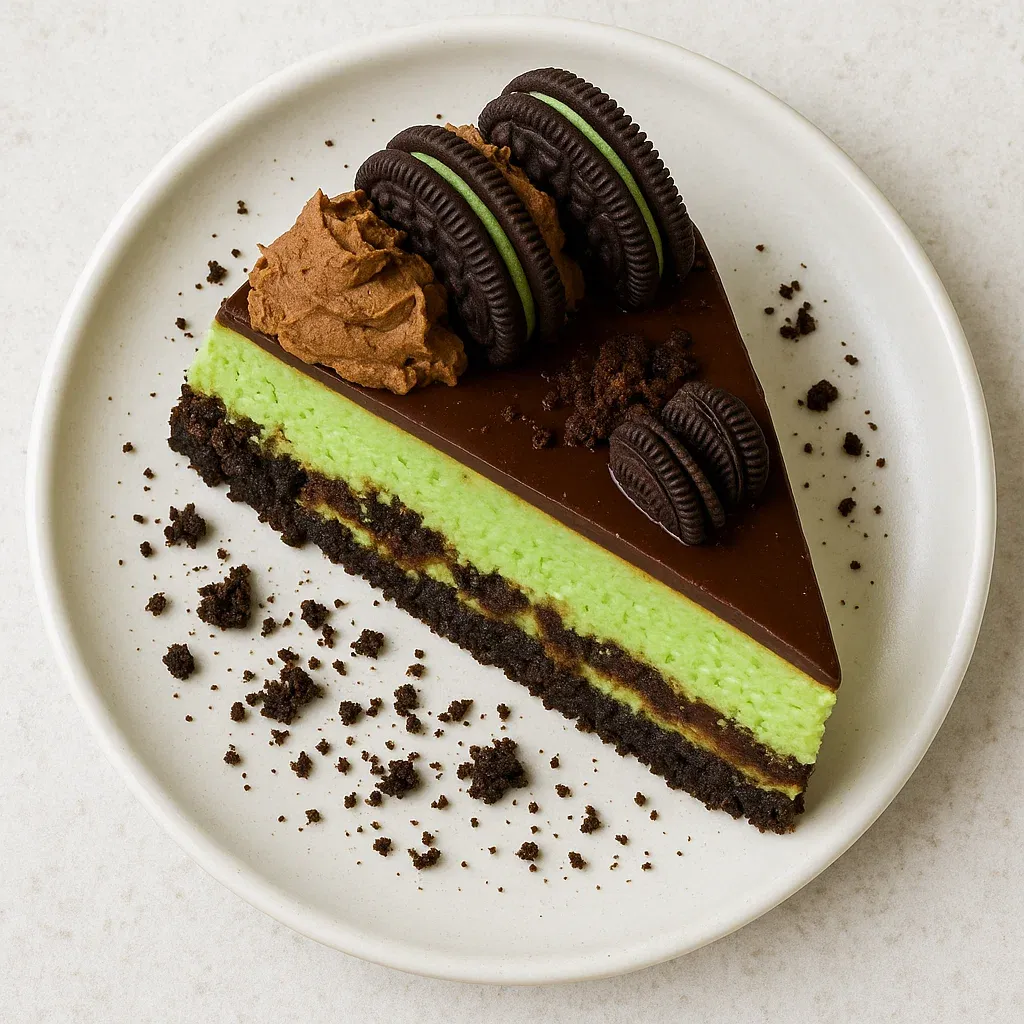 A slice of chocolate cake with a piece of cookie on top.
