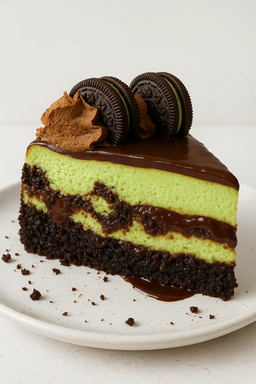 A slice of chocolate cake with a cookie on top.