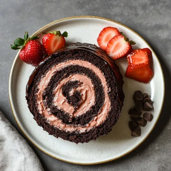 A cake with chocolate and strawberries on a plate.