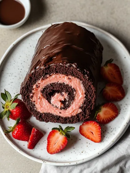 A chocolate cake with a strawberry and strawberry topping.