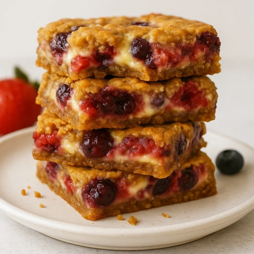 A stack of four cake bars with berries on top.