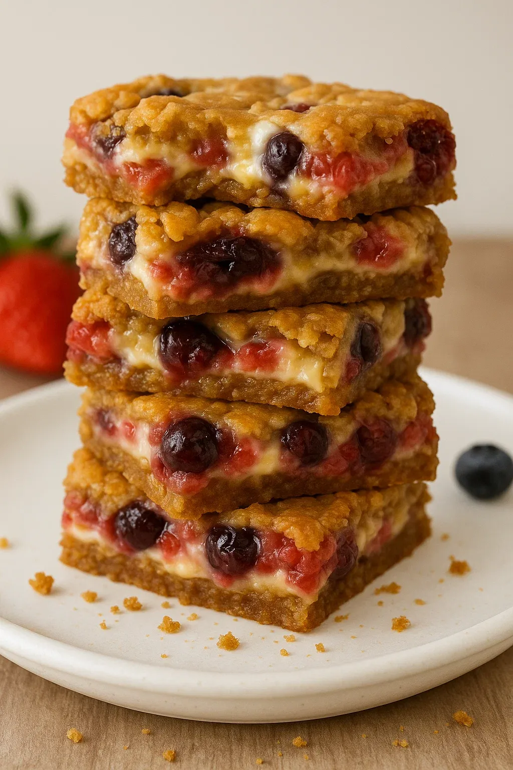A stack of cake with berries on top.