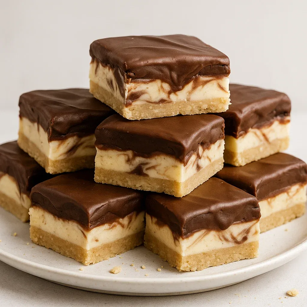 A stack of chocolate and white frosted cookies.