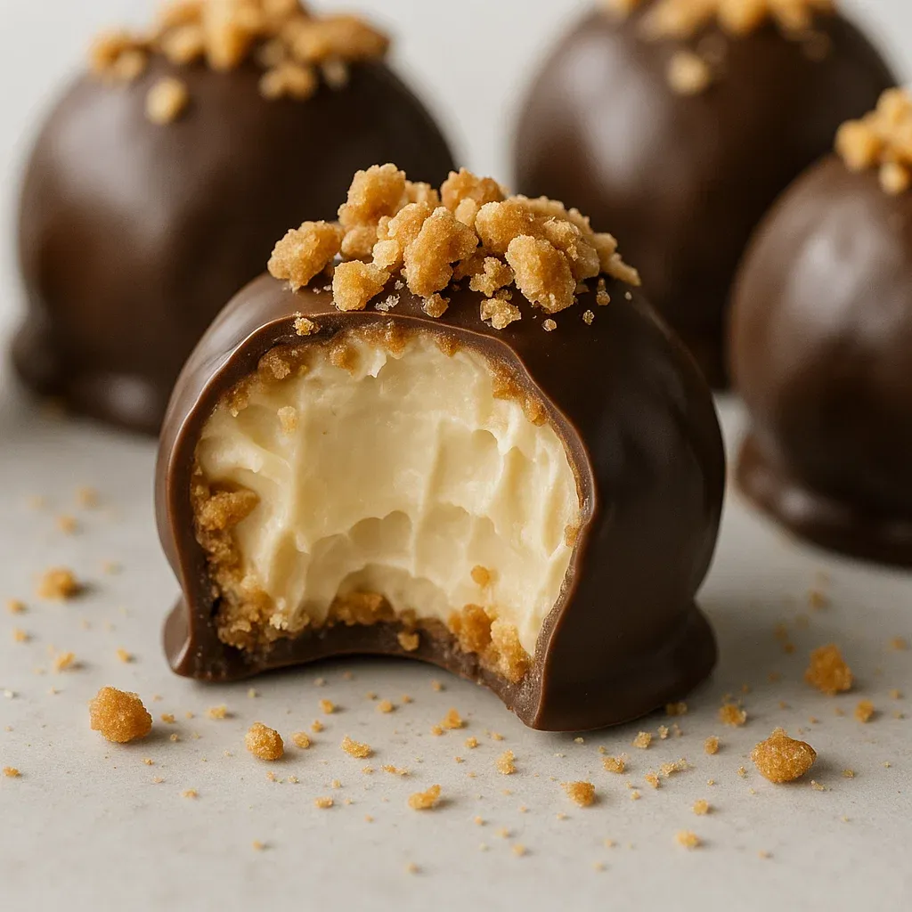 A chocolate ball with a bite taken out of it.