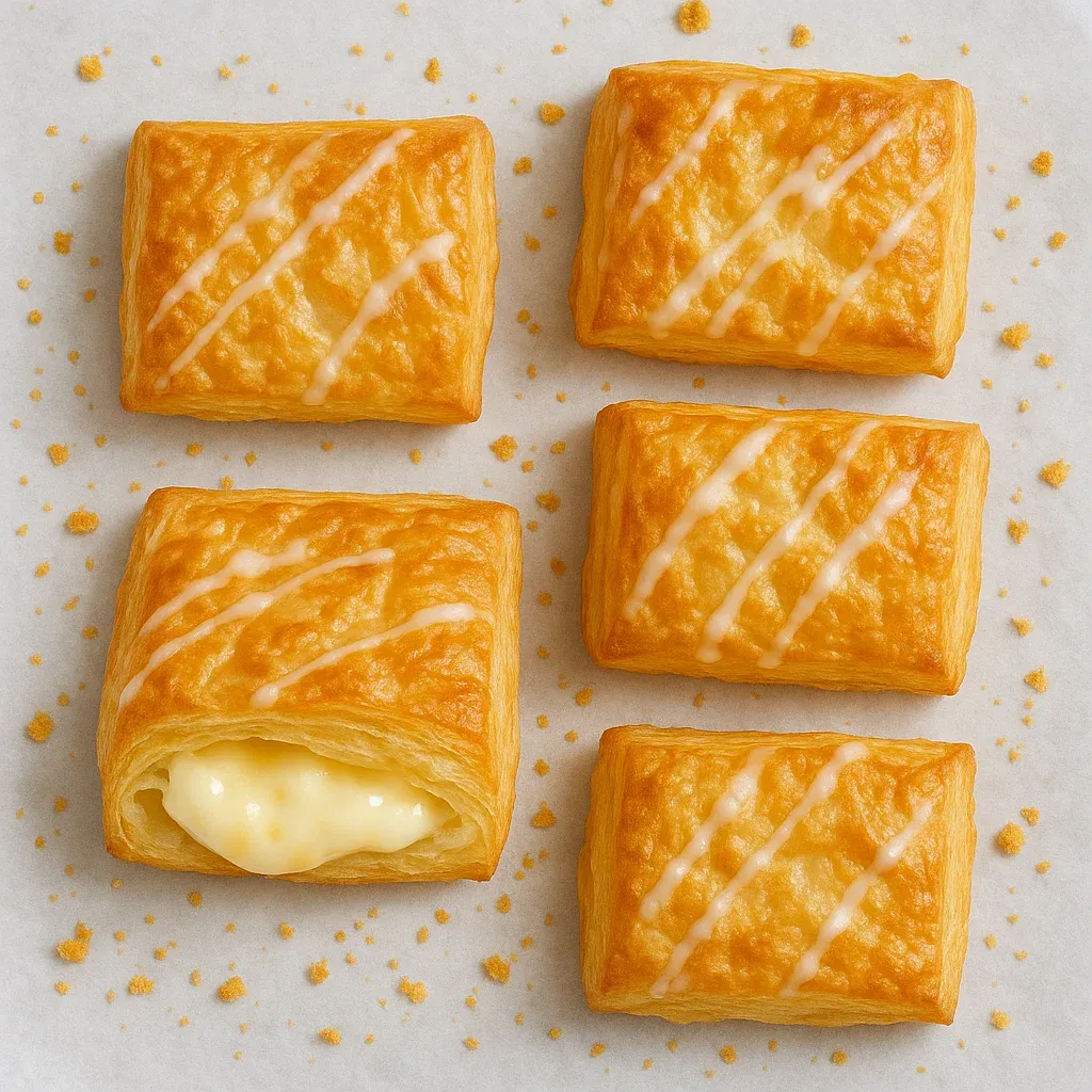 Four pieces of pastry with white icing.