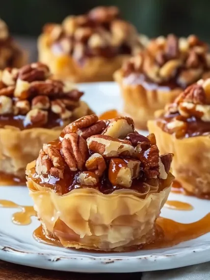 A plate of pecan pie with caramel drizzle.