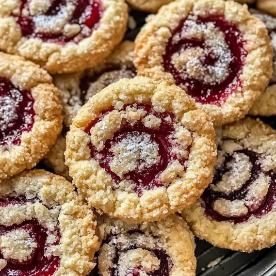 A plate of cookies with red jelly.