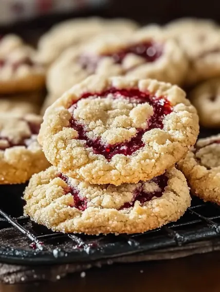 A stack of cookies with red jam in the middle.