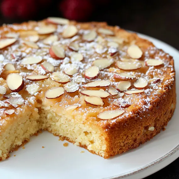 A slice of cake with almonds on top.