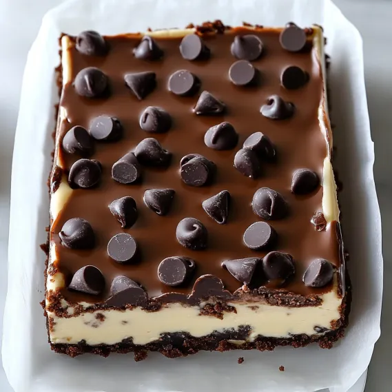 A square of chocolate cake with chocolate chips.