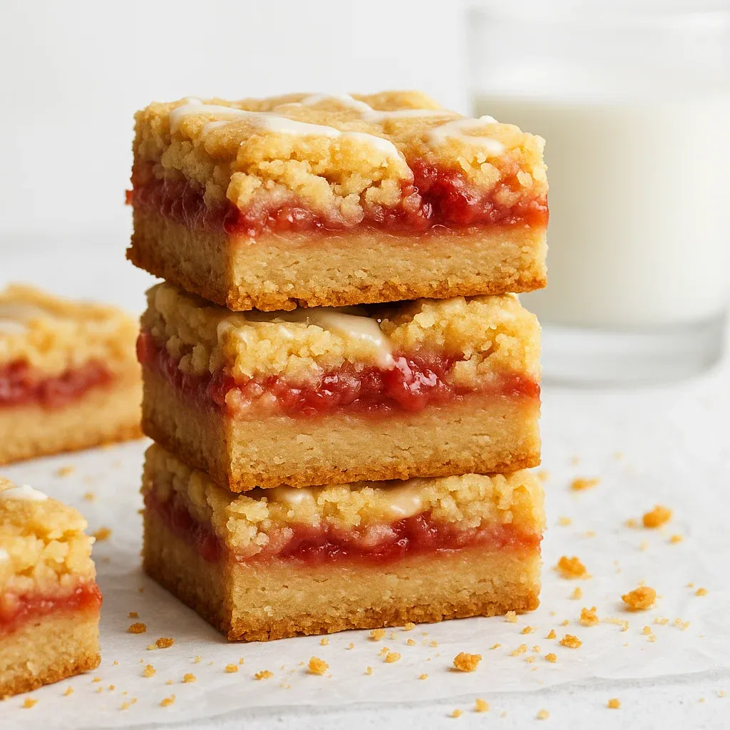 A stack of dessert bars with a glass of milk.