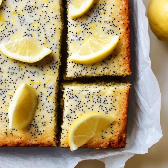 A slice of lemon cake with lemon wedges on top.