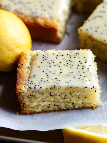 A slice of cake with a lemon wedge on top.