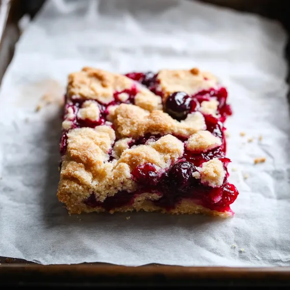 A square of cake with berries on top.