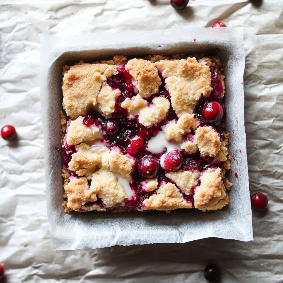 A square of cake with berries on top.