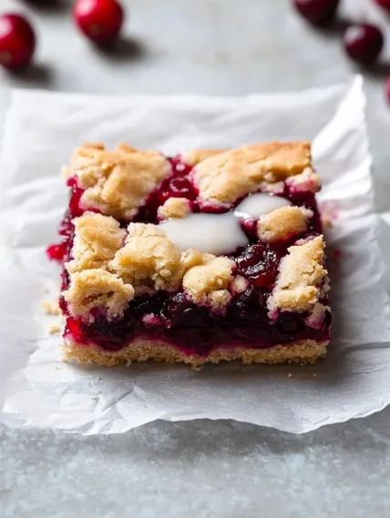 A square of cake with white frosting and berries.