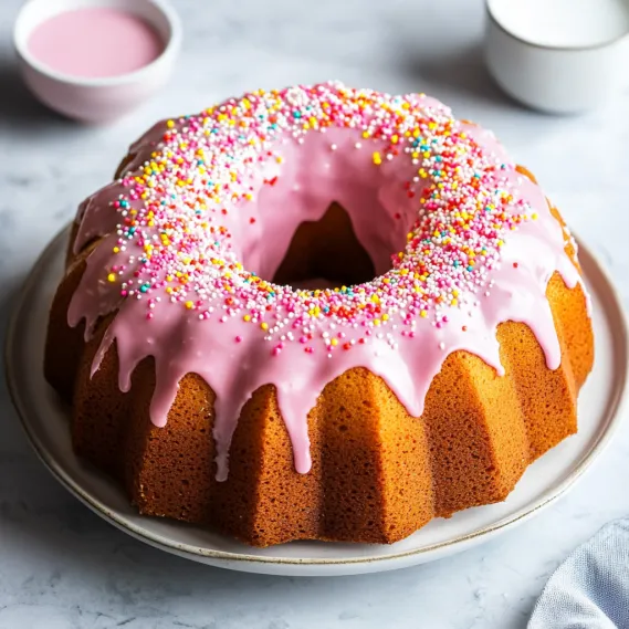 A cake with pink frosting and sprinkles.