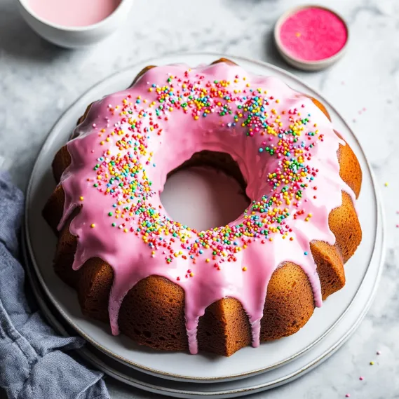 A cake with pink frosting and sprinkles.