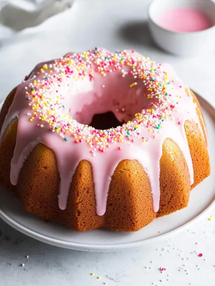 A cake with pink frosting and sprinkles.