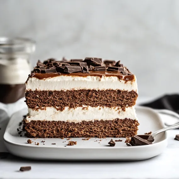 A slice of chocolate cake on a plate.