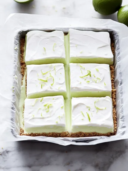 A white cake with green lemon wedges on top.