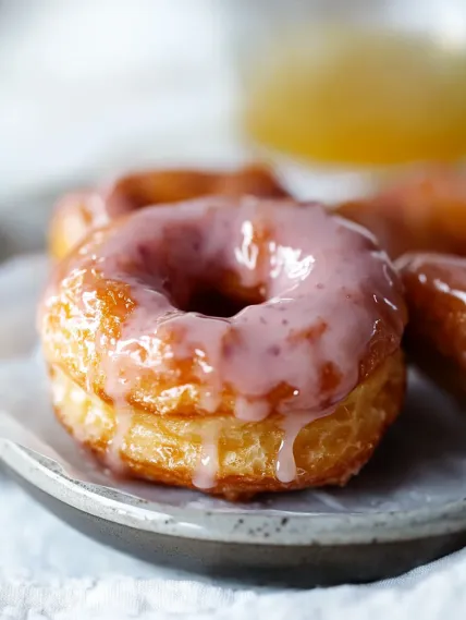 A glazed donut with pink frosting.