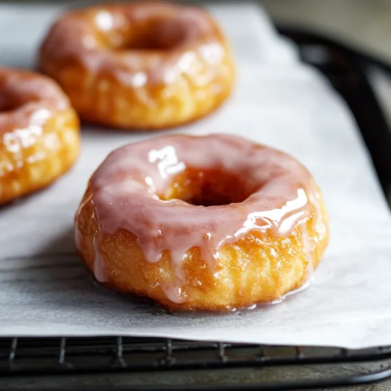 A glazed donut with a pink glaze.