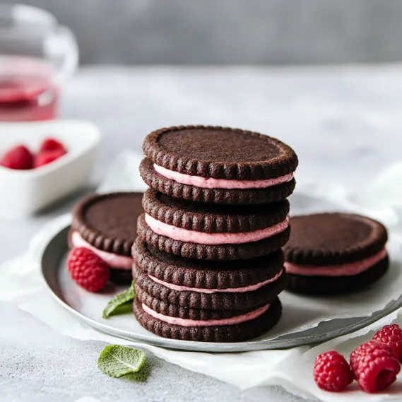 A stack of chocolate and vanilla cookies.