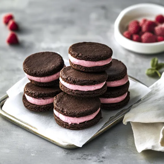 A stack of chocolate and pink frosted cookies.