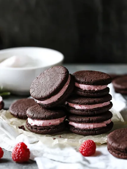 A stack of chocolate and pink frosted cookies.