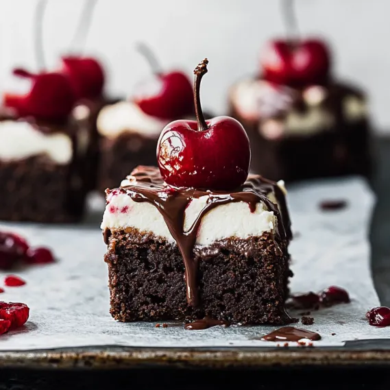 A piece of chocolate cake with a cherry on top.