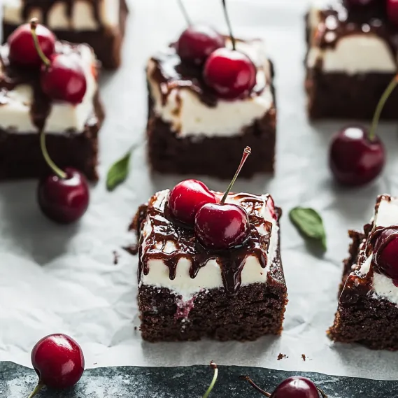 A close up of a chocolate cake with cherries on top.