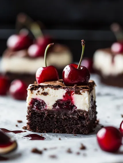 A slice of chocolate cake with cherries on top.